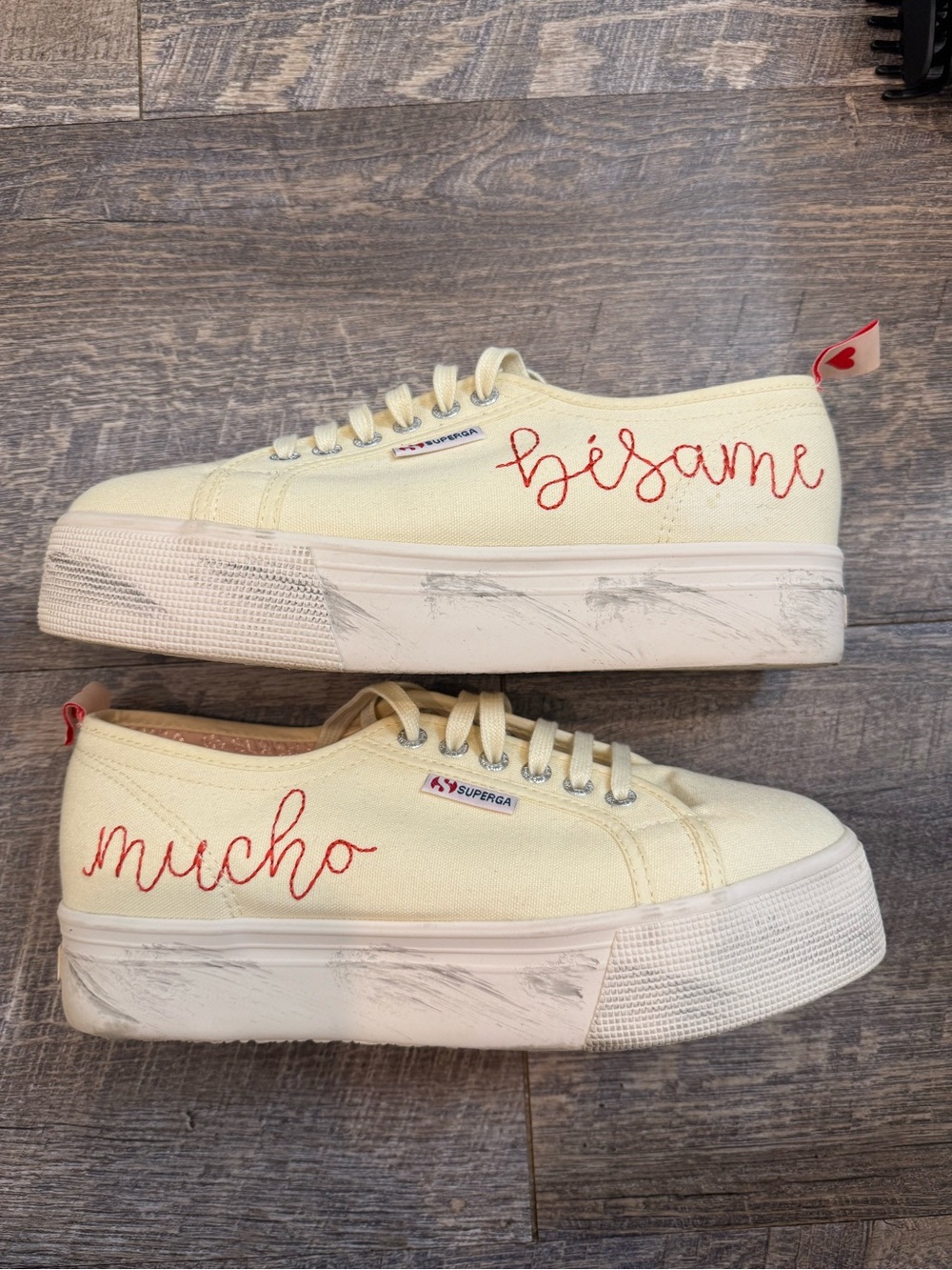 Superga Women’s Cream Canvas Platform Sneakers with Red Embroidery